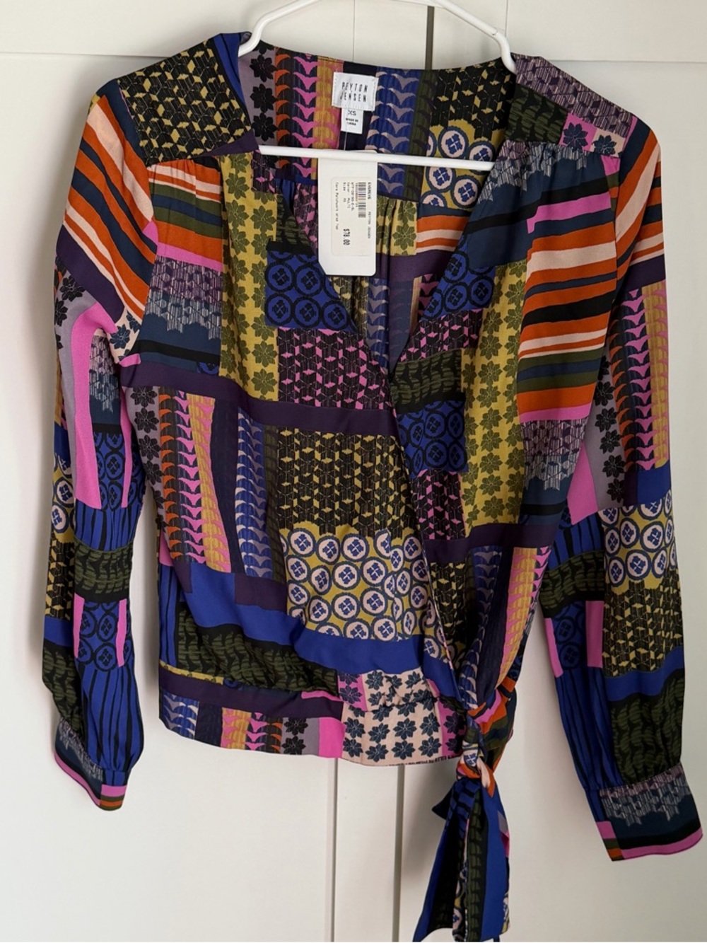 Anthropologie Multicolor Patchwork Tie-Front Blouse — Blue, Pink, Olive